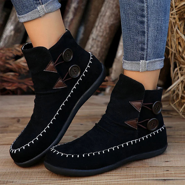 Stitch Detail Round Toe Buttons Casual Flat Ankle Boots