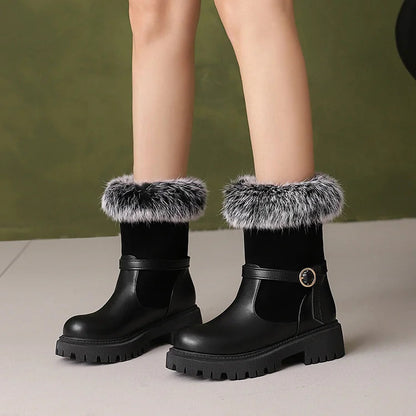 Patchwork Strap Buckle Decor Faux Fur Trim Round Toe Chunky Heel Ankle Boots