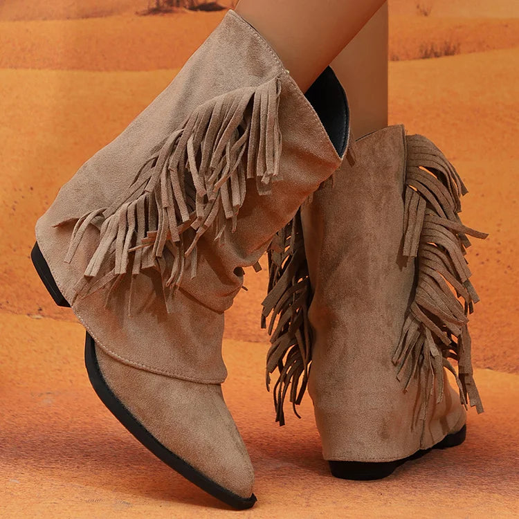 Fringed Trim Solid Color Fold Pointed Toe Chunky Heel Mid Boots