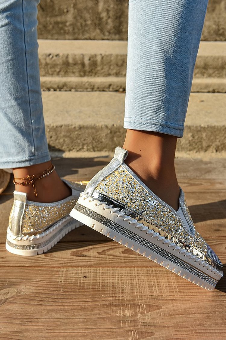 Rhinestone Decor Glittering Stitch Detail Round Toe Loafers