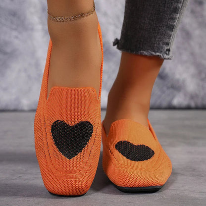 Heart Pattern Print Square Toe Slip On Knit Casual Flats