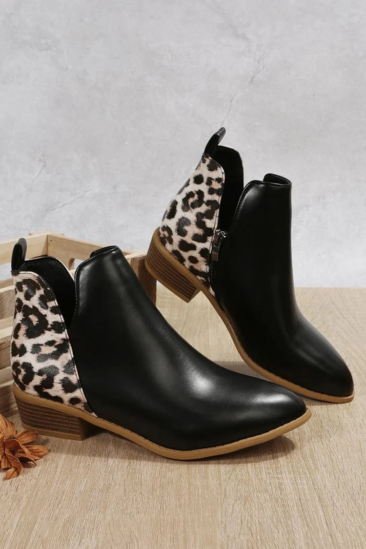 Leopard Print Patchwork Pointed Toe Zipper Ankle Boots