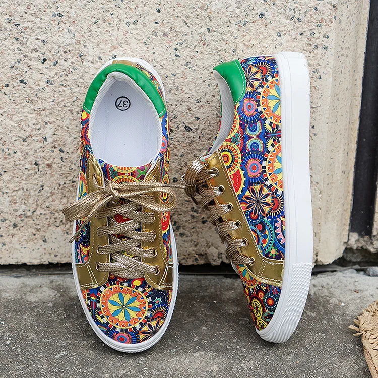 Multicolor Boho Pattern Print Patchwork Round Toe Lace Up Sneakers