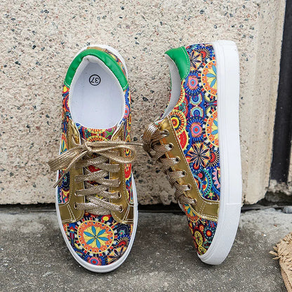 Multicolor Boho Pattern Print Patchwork Round Toe Lace Up Sneakers