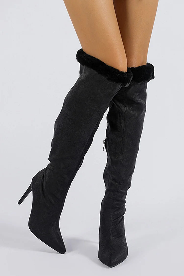 Fluffy Trim Zipper Pointed Toe Stiletto Heel Knee High Boots