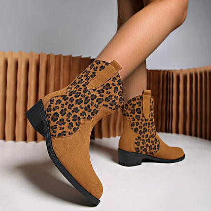 Patchwork Leopard Print Chunky Heel Round Toe Ankle Boots