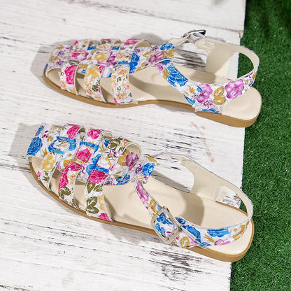 Colourful Floral Print Hollow Out Strappy Buckle Closed Toe Sandals