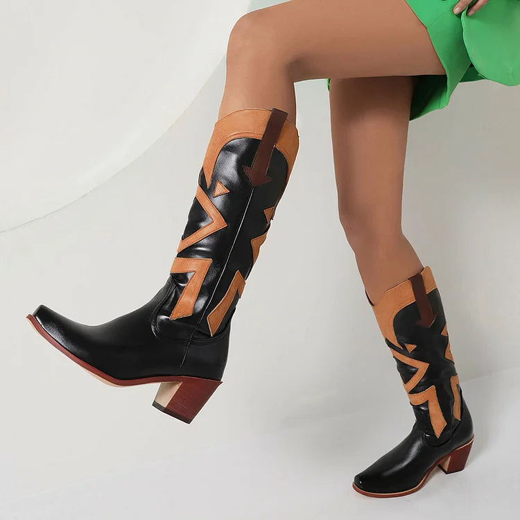 Colorblock Patchwork Pointed Toe Chunky Heel Western Boots