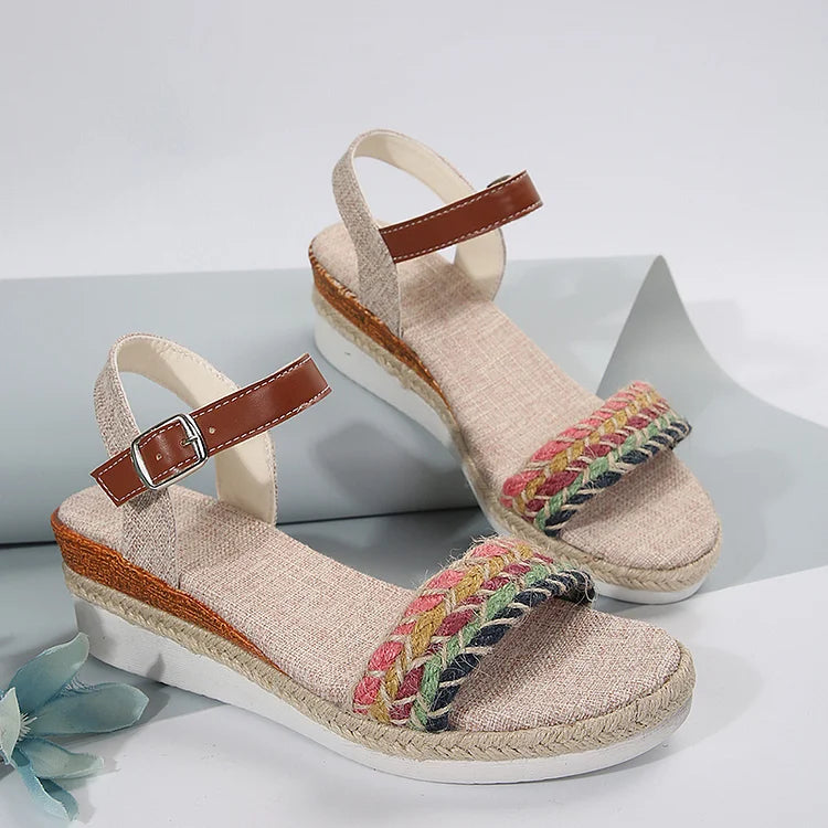 Ethnic Colored Braided Rope Ankle Strap Buckle Wedge Sandals