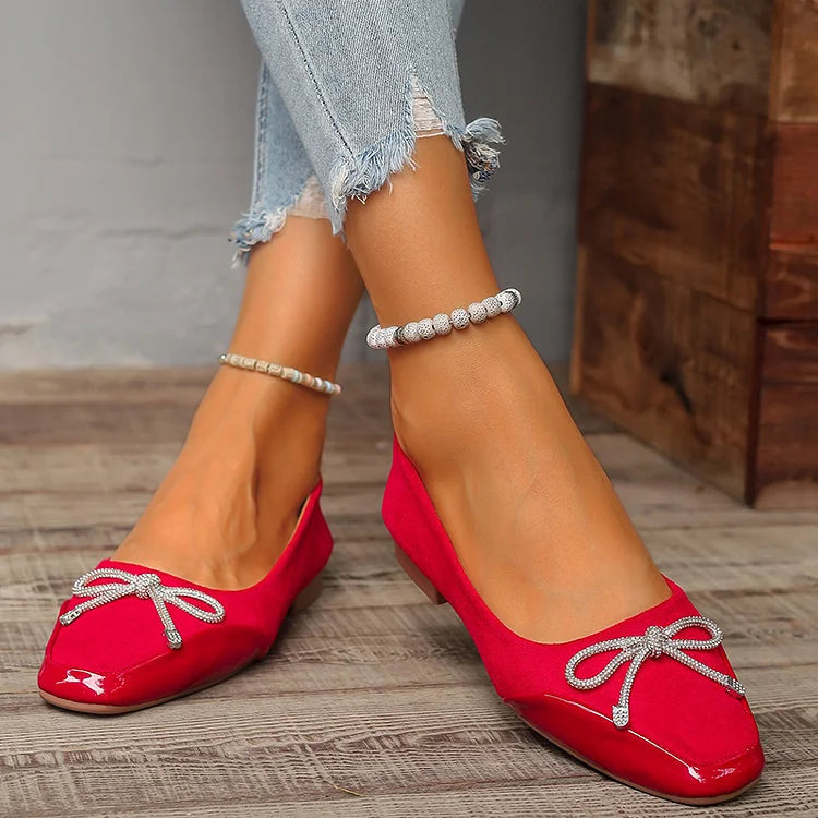 Rhinestone Bowknot Decor Patchwork Square Toe Low Heels