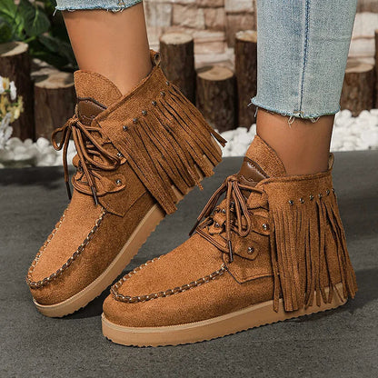 Fringed Trim Round Toe Metal Rivets Lace Up Ankle Boots