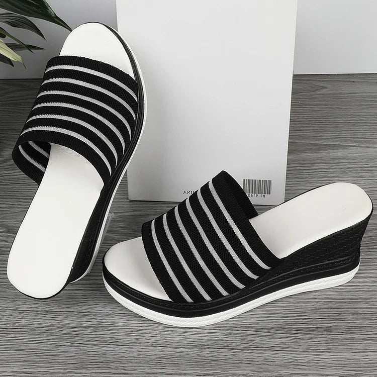 Striped Peep Toe Woven Pattern Platform Espadrille Slippers