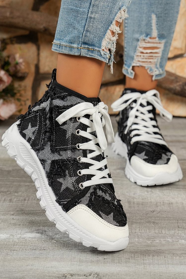 Star Pattern Raw Trim Patchwork Round Toe Lace Up Sneakers