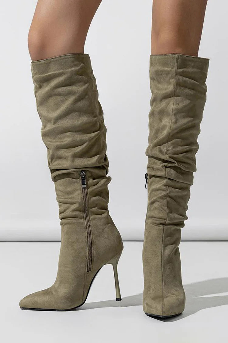 Ruched Pointed Toe Stiletto Heel Zipper Solid Color Knee High Boots