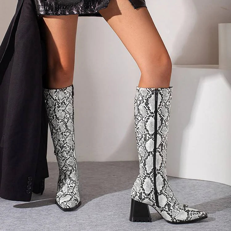 Snake Print Rhinestone Decor Pointed Toe Chunky Heel Knee High Boots