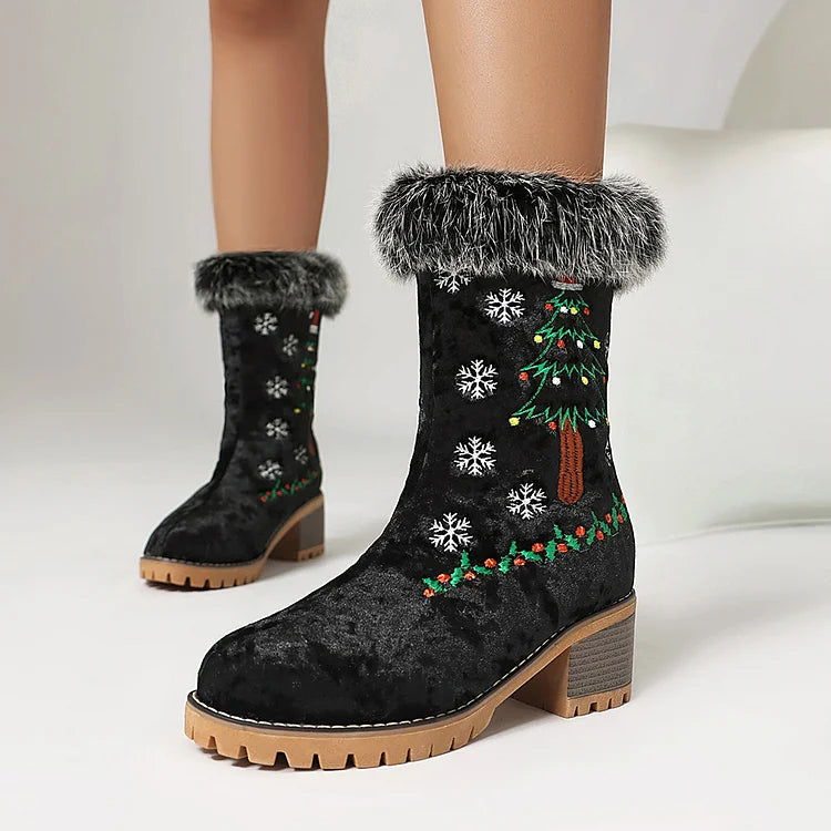 Christmas Tree Embroidery Fluffy Round Toe Chunky Heel Velvet Mid Boots