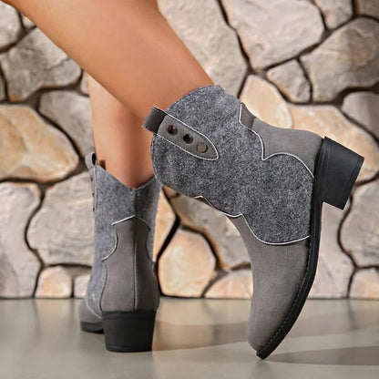 Patchwork Round Toe Chunky Heel Pull On Ankle Boots