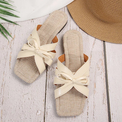 Bowknot Decor Hollow Out Square Toe Plain Slippers
