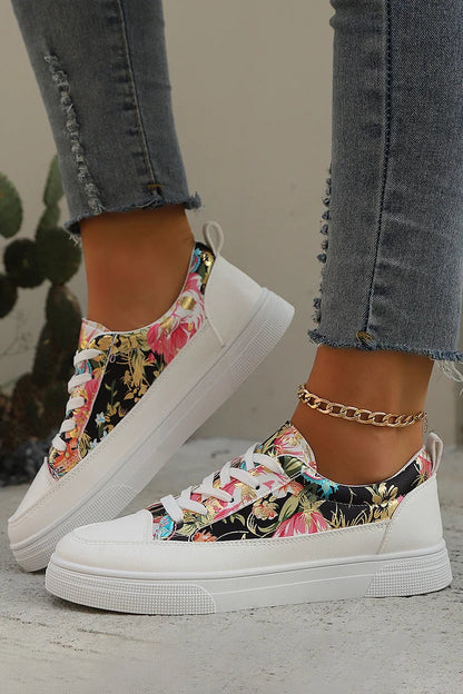 Multicolor Floral Print Patchwork Round Toe Lace Up Sneakers