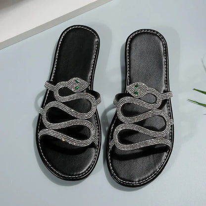 Rhinestone Snake Shaped Strap Round Toe Slippers