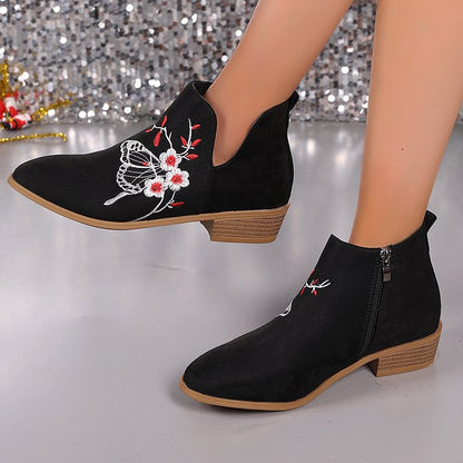 Flower Butterfly Pattern Embroidery Zipper Round Toe Ankle Boots