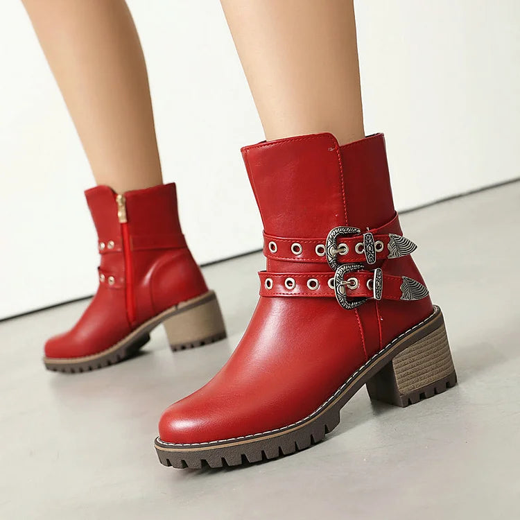 Two Straps Buckles Patchwork Round Toe Chunky Heel Ankle Boots