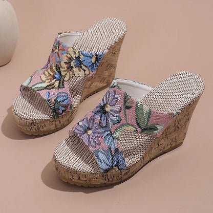 Floral Print Peep Toe Cut Out Wood Grain Wedge Slippers