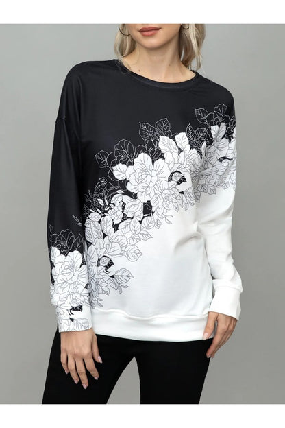 Elegant Floral Print Round Neck Cotton-blend Vacation Sweatshirt