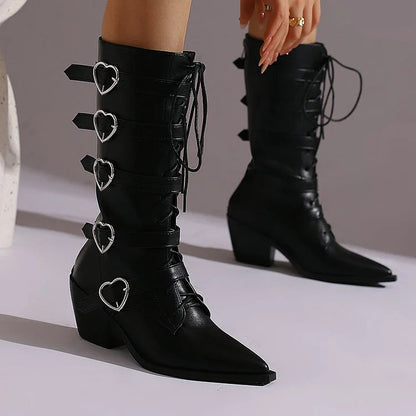 Pointed Toe Multicolor Straps Buckles Lace Up Mid Calf Boots