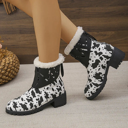 Fuzzy Cow Print Hollow Out Patchwork Round Toe Snow Boots