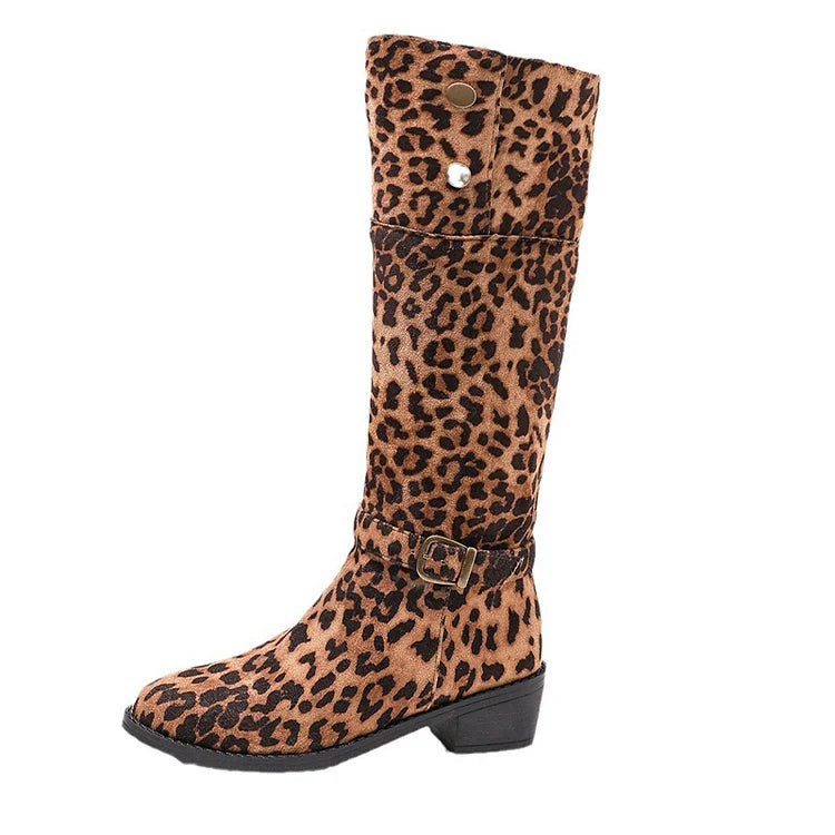 Leopard Print Round Toe Strap Buckle Chunky Heel Knee High Boots