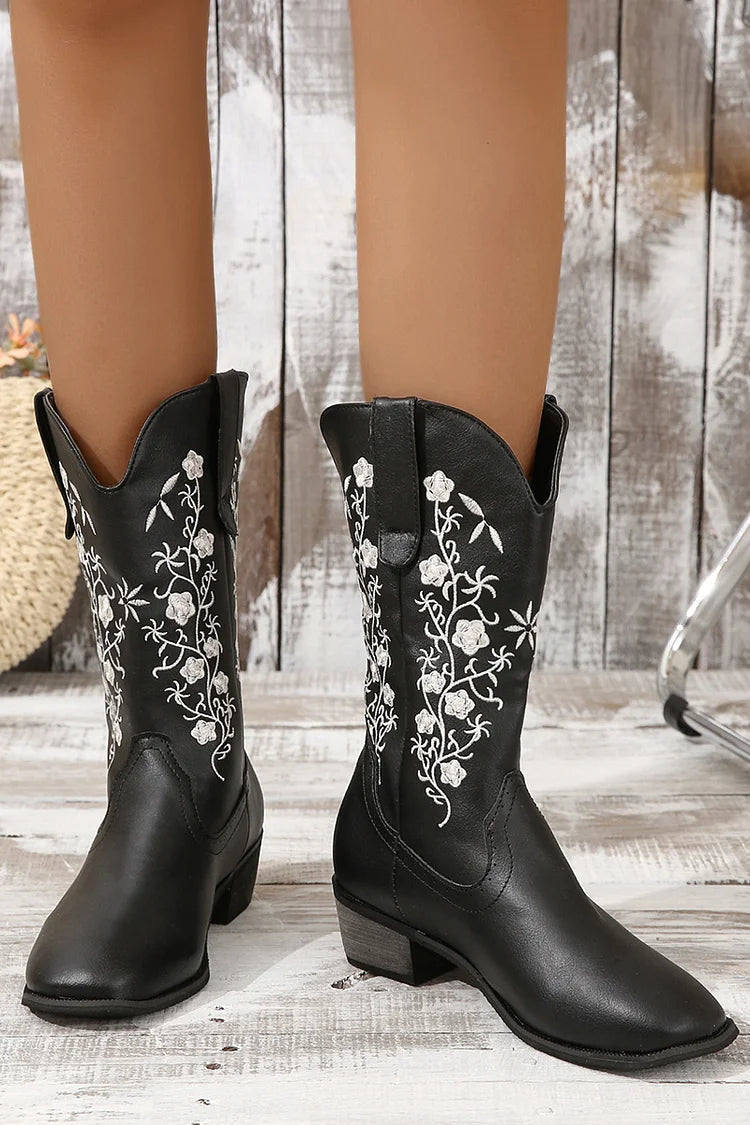 Floral Embroidery Patchwork Round Toe Mid Calf Boots