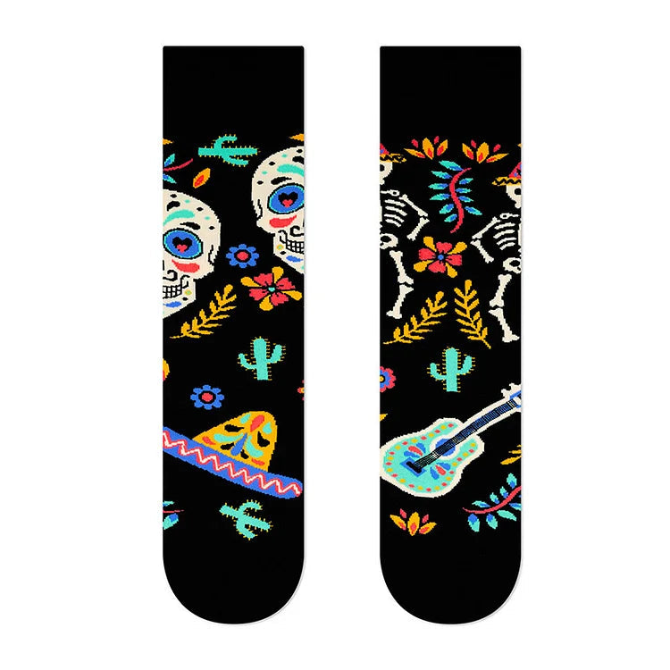 Halloween Muppet Doll Blossom Guitar Skeleton Print Mid Calf Socks