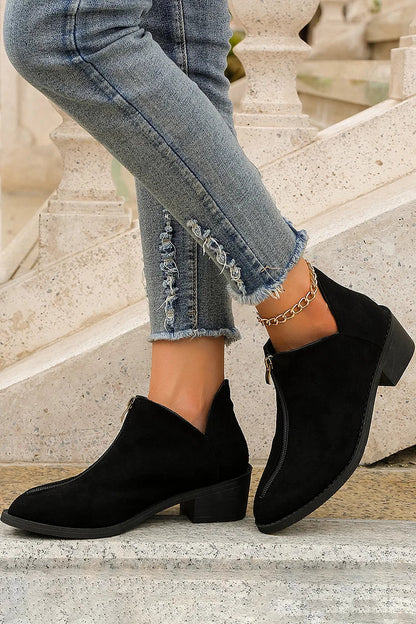 Leopard Print Zipper Pointed Toe Low Block Heel Ankle Boots