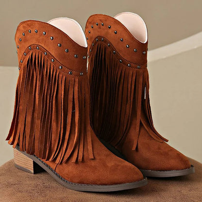 Metal Rivets Decor Fringed Trim Pointed Toe Chunky Heel Mid Boots