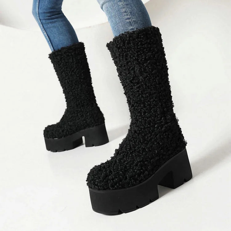 Round Toe Chunky Heel Faux Fur Pull On Platform Mid Calf Boots