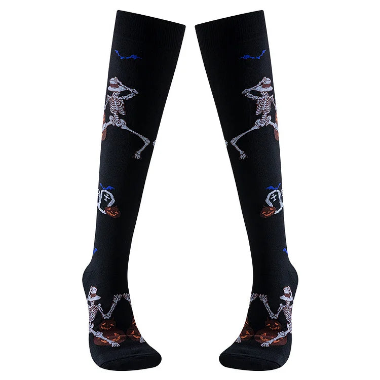 Calcetines por encima de la pantorrilla con estampado de esqueleto bailando guitarra divertidos para Halloween 