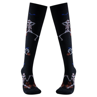 Calcetines por encima de la pantorrilla con estampado de esqueleto bailando guitarra divertidos para Halloween 