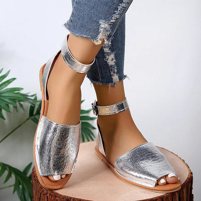 Metallic Sheen Ankle Strap Peep Toe Buckle Casual Sandals