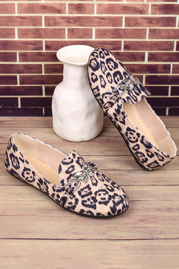 Metal Butterfly Decor Round Toe Leopard Print Loafers