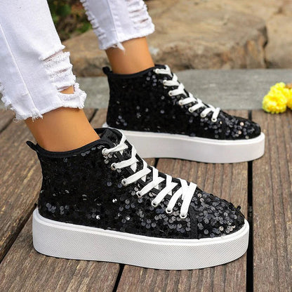 Sequins Decor Round Toe Lace Up Casual High Top Sneakers