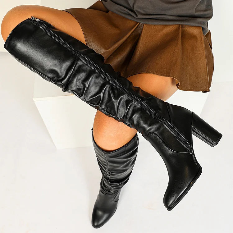 Zipper Solid Color Patchwork Pointed Toe Chunky Heel Knee High Boots