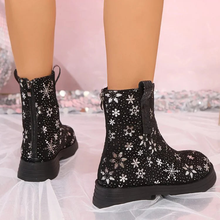 Snowflake Print Round Toe Zipper Low Block Heel Mid Boots