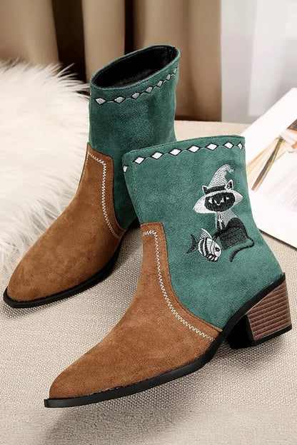 Cat Fish Embroidery Colorblock Pointed Toe Ankle Boots