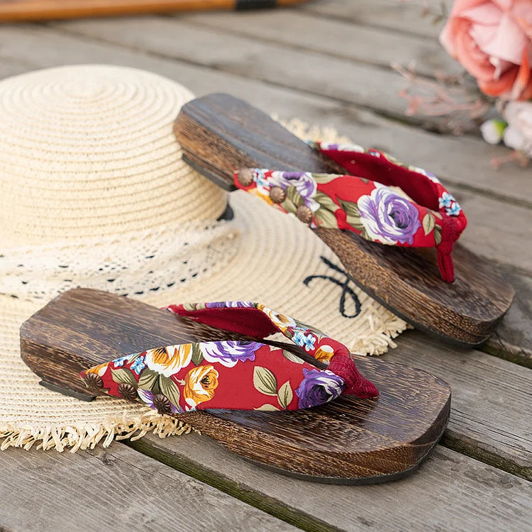 Floral Print Square Toe Flip Flops Wood Grain Slippers