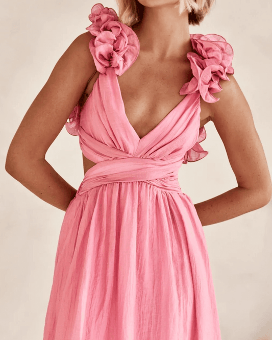 Floral Ruffle Detail Back Lace-Up Elastic Waist Maxi Dress