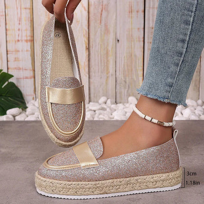 Shimmering Glitter Patchwork Slip On Platform Espadrille Loafers