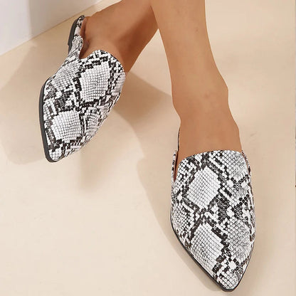 Casual Snakeskin Print Pointy Toe Slides Mules