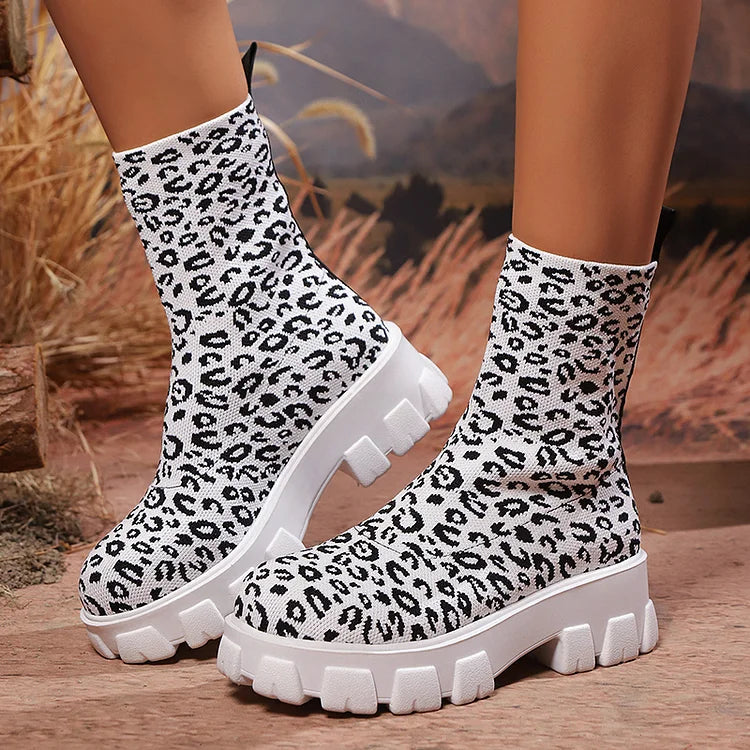 Knitted Leopard Pattern Round Toe Pull On Mid Boots