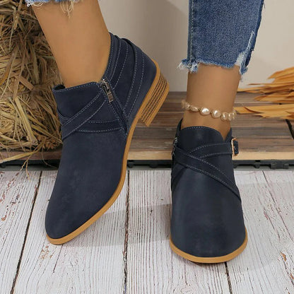 Crossover Strap Buckle Decor Round Toe Zipper Ankle Boots